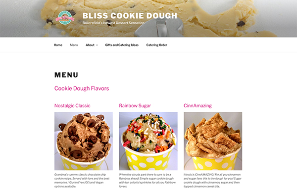 Screenshot of the Bliss Cookie Dough home page