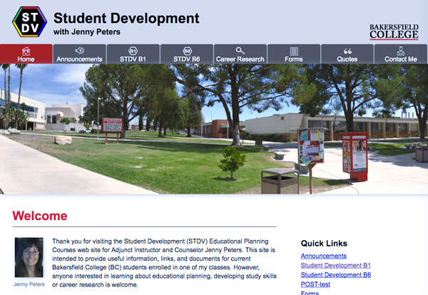 Screenshot of the Student Development with Jenny Peters home page